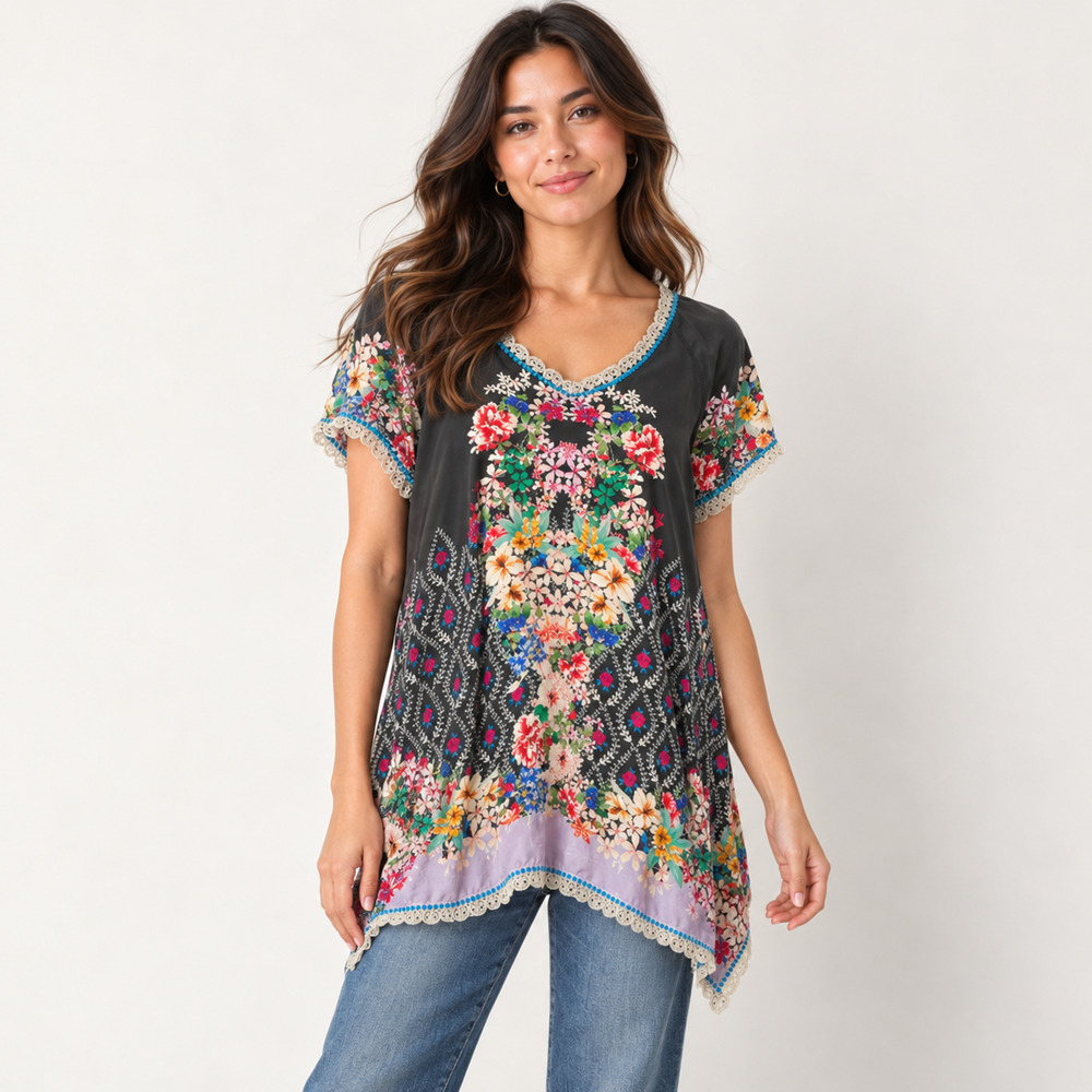 Johnny Was Moya Silk Blouse L Black Floral Print Lace Trim Handkerchief Hem
